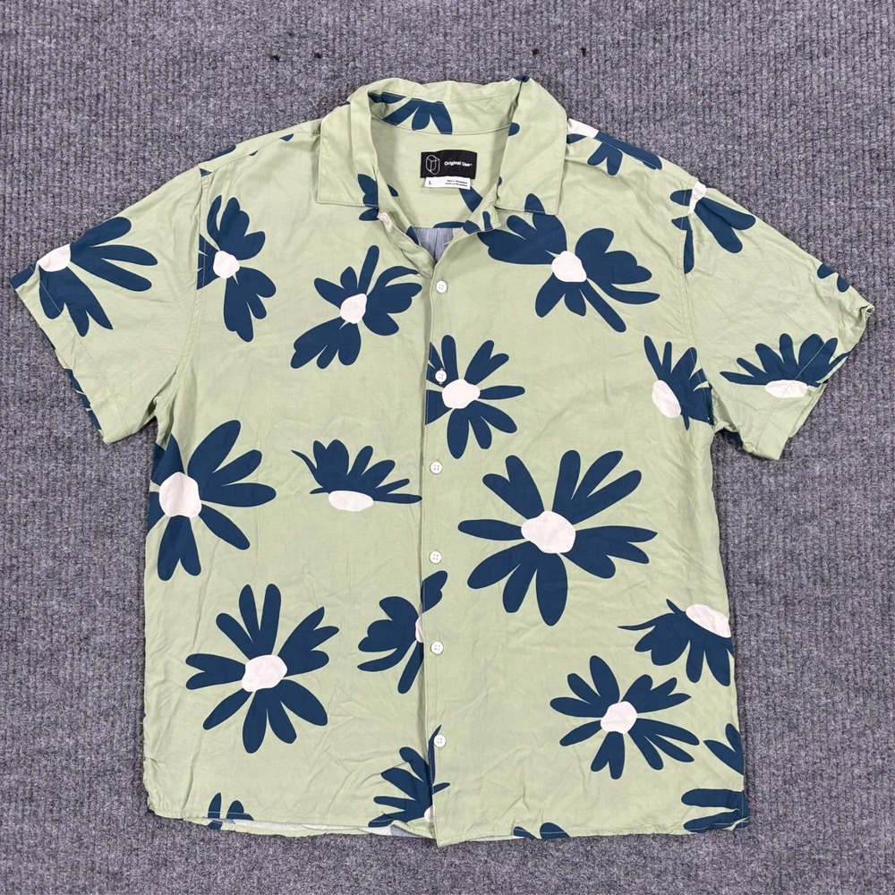 Original Use Mens Button Up Camp Shirt Large Green Blue Floral Short Sleeve